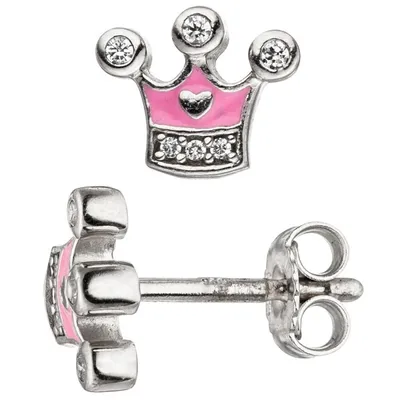 Image de Boucles d'oreilles pour fille, clous d'oreilles couronne rose en argent 925, zircone, poids env. 1,2 gramme