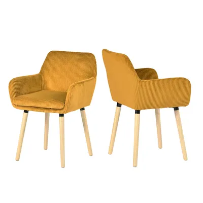 Produktbild von Meubles Cosy 2er-Set Esszimmerstühle im skandinavischen Stil mit Holzbeinen und gelben Armlehnen aus Cord – ELIA