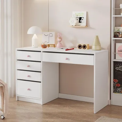 Productafbeelding van Bureau, eenvoudig kinderbureau, met 5 opbergladen, roze keramische handgrepen, geschikt voor alle leeftijden, wit, 120x45x74 cm