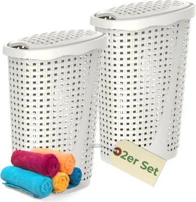 Produktbild von 2er Set Wäschekorb mit Deckel Wäschesammler Plastik Wäschetonne Wäschetruhe weiß Wäschebox mit Deckel 31 x 40 x 60 cm 43 L Rattan Optik