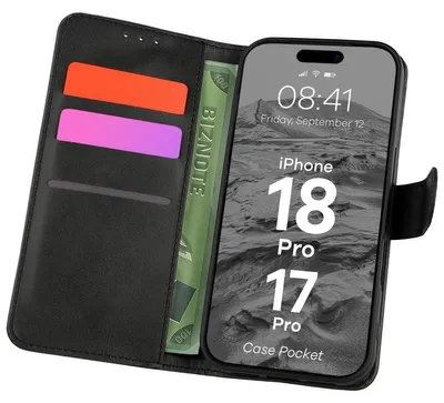 Produktbild von Handyhülle mit Klappe für iPhone 18 Pro / 17 Pro, Bizon Case Pocket, Schwarz