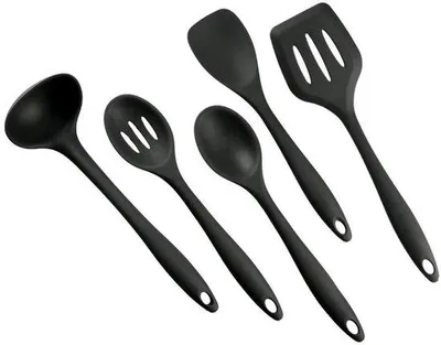 Produktbild von Unyqoos® 5‑teiliges Silikon-Küchenhelfer-Set, hitzebeständig bis 230 °C, schwarz – Spatel, Schlitzlöffel, Kochlöffel, Servierlöffel, Suppenkelle, BPA‑frei, kratzschonend