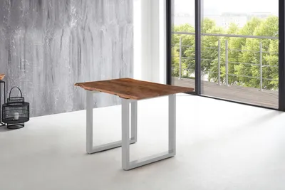 Produktbild von Esstisch Baumkante massiv Akazie nussbaum 140 x 80 U-Gestell silber LUBIN