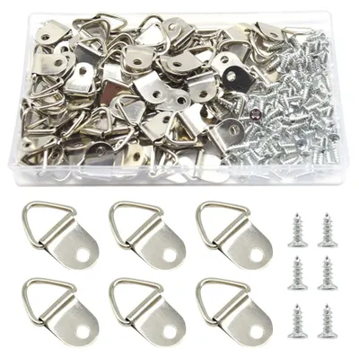 Image de Lot de 100 crochets pour cadres Yosawa : crochets triangulaires et crochets de suspension avec vis, pour accrocher des cadres, des cadres en bois, des œuvres d'art et des photos (argent)