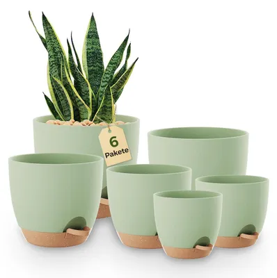 Produktbild von Blumentöpfe 6er Set Selbstbewässernd Grün 12.7-20.3cm Pflanzentöpfe mit Untersetzer