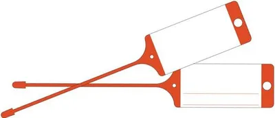 Two orange and white product tags on a white background.