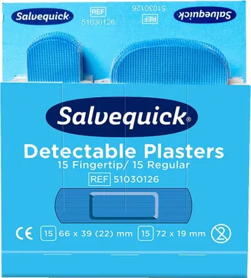 Produktbild von 60 Set "Cederroth" Salvequick Detectable Pflaster (2 x 15 Stück) blau Fingertip & Standard, Refill
