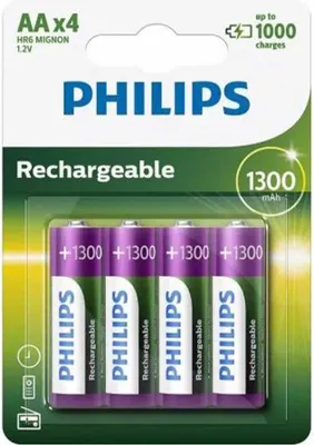 Produktbild von Philips Rechargeables Akku R6B4A130/10, Wiederaufladbarer Akku, Nickel-Metallhydrid (NiMH), 1,2 V, 1300 mAh, 2 Jahr(e), 78 g
