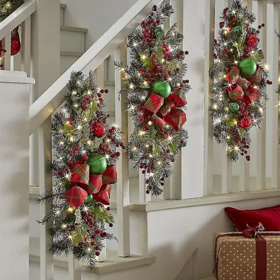Produktbild von Weihnachtsgirlande für Treppen, Weihnachtsgirlande für Treppen mit L-E-D-Lichterkette, Weihnachtstreppengirlande, Weihnachtsdekoration-1 Stück