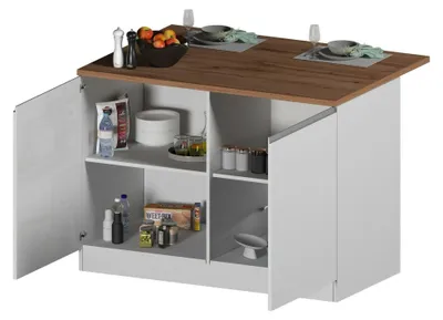 Produktbild von Kücheninsel Daffaticat, Beistelltisch, Küchenschrank mit 2 Türen, 100 %  Italy, 125 x 90 x 90 cm, glänzendes Weiß und Eiche