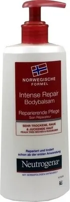 A white bottle of Neutrogena Intense Repair Bodybalsam with a red pump dispenser.