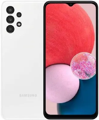 A white Samsung Galaxy A13 smartphone is shown against a white background.