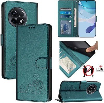 Produktbild von Leder Hülle für OnePlus Ace 2 /OnePlus 11R Süße Katze Flip Case Brieftasche Schutzhülle mit Standfunktion Grün