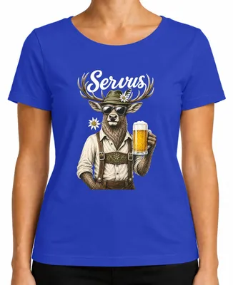 Imagen del producto de Camiseta de mujer, estilo bávaro, con motivos de "lederhosen", cerveza y "dirndl", ideal para la , color azul, talla S