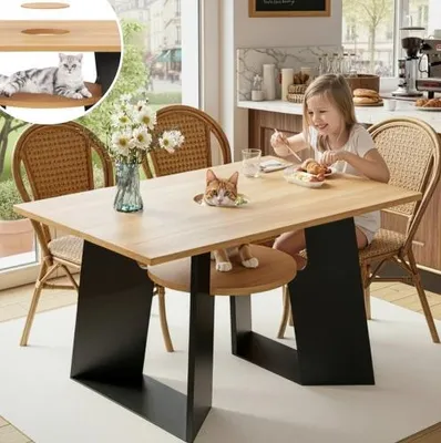 Produktbild von Haustierfreundlicher Esszimmer-Küchentisch mit Haustierbereich & Ablagebrettchen, rechteckig für 6 Personen (130×85×75 cm), Naturholz-Schwarz Mix