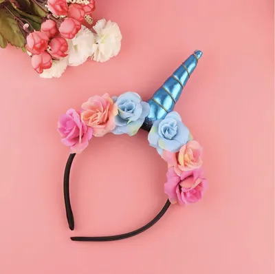 Productafbeelding van CHPN - Eenhoorn-tiara - Eenhoorn-hoofdband - Tiara met bloemen en hoorn - Blauwe hoorn - Kinderfeestje - Cadeau - Blauw - Hoofdband met bloemen