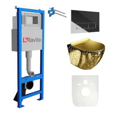 Produktbild von Lavita LAV 101 Vorwandelement für WC 40cm + Wand Hänge Tiefspül WC SOFI SLIM GOLDEN EYE Spülrandlos + Bedienplatte LAV 200.3.2 Verchromt  | Komplettset | Unterputz Spülkasten | Toilette Komplett Sett