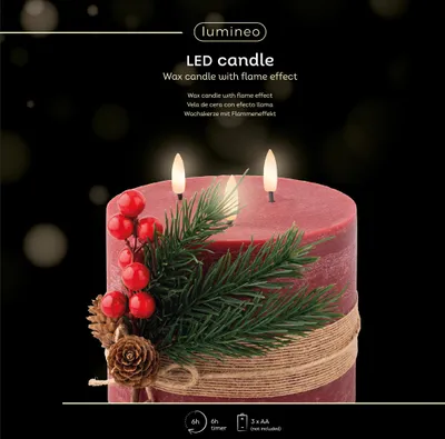 Produktbild von LED Kerze 15cm mit Timer batteriebetrieben 3 flammig Wachs Warmweiß
