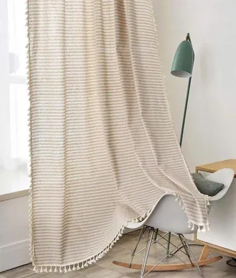 Produktbild von Unyqoos® Boho-Vorhang 1 Stück – Baumwollmix (90% Baumwolle/10% Polyester) mit Quasten, beige Streifen, B 150 × H 215 cm, Stangendurchmesser 5 cm, ca. 50% Lichtschutz für Wohn-/Schlafzimmer