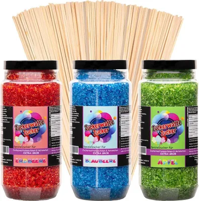 Produktbild von Zuckerwatteset Grob 3x700 g mit 100 Stäben Blaubeere, Erdbeere, Apfel