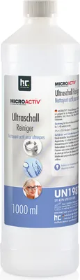 A bottle of ultrasonic cleaner with product information and images.