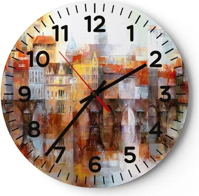 Produktbild von Wanduhr - Rund - Glasuhr - Stadt Mietshaus - 40x40cm - Schleichendes Uhrwerk - Lautlos - zum Aufhängen bereit - Dekoration Modern - Wanddekoration aus Glas - C4AR40x40-3476