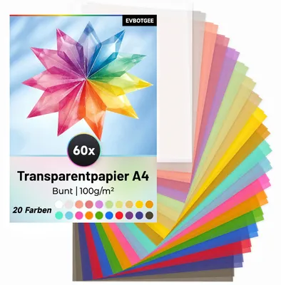 Transparentpapier A4, 60 Blatt, 20 Farben, 100 g/m²