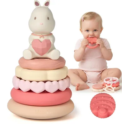 Productafbeelding van Beissring en stapeltoren voor baby's, 7-delig, siliconen, geschikt voor kinderen van 6-18 maanden. Sensorisch speelgoed, Montessori