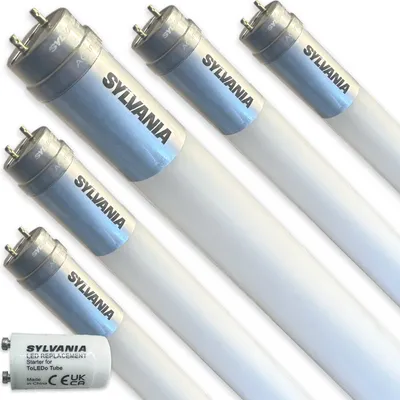 A group of Sylvania LED T8 tubes are arranged diagonally on a white background. One tube is shown with its packaging.