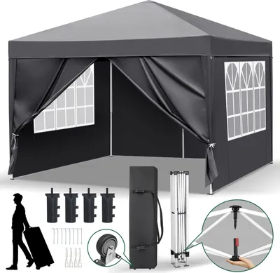 Produktbild von FCH Faltpavillon 3x3 m Gartenpavillon mit 4 Seitenteilen, Pavillon mit 4 Sandsäcke Pavillon Pop Up Partyzelt, Grau