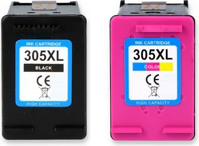 Two ink cartridges, one black and one pink, are shown side-by-side against a white background.