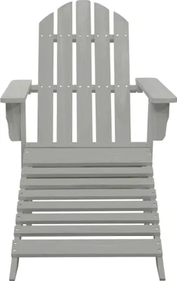 A front view of a gray wooden Adirondack chair with a footrest, isolated on a white background.