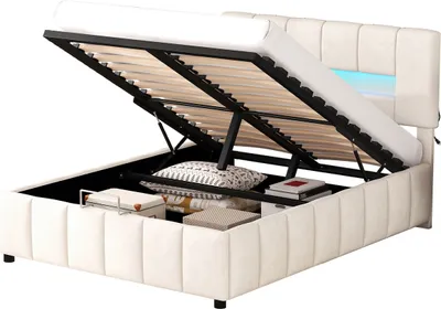 Produktbild von Doppelbett(140x200cm,Beige)Polsterbett,Familienbett,Plattformbett mit LED-Beleuchtung,Modernes Bettgestell mit Stauraum