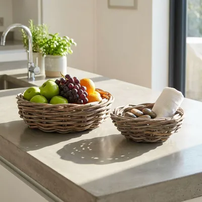 Immagine prodotto di Milani Home - Set Di 2 Cesti In Vimini Circolari Portatutto Per Picnic Intrecciati In Fibra Naturale - Grigio