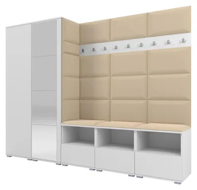 Produktbild von Garderobe NELA VII 250 cm Modulare Flurmöbel XL Weiß mit Spiegel & Sitzpolster Beige 04 (Universell)