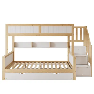 Produktbild von Flieks Etagenbett 90x200 / 120x200cm mit Ausziehbett, Hochbett mit Treppe, Kinderbett mit Ablagen, Stockbett mit Rausfallschutz und Lattenrost