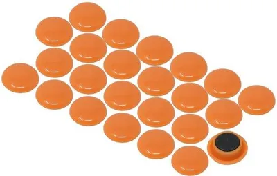 Zdjęcie produktu dla Małe pomarańczowe magnesy do kuchni, tablicy suchościeralnej i notatek, opakowanie 24 sztuki.