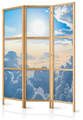 Immagine prodotto di Pannello divisorio giapponese, 3 ante, pieghevole, realizzato in tessuto non tessuto di alta qualità, motivo "nuvole e sole", ideale per la camera da letto, dimensioni 135 cm x 172 cm