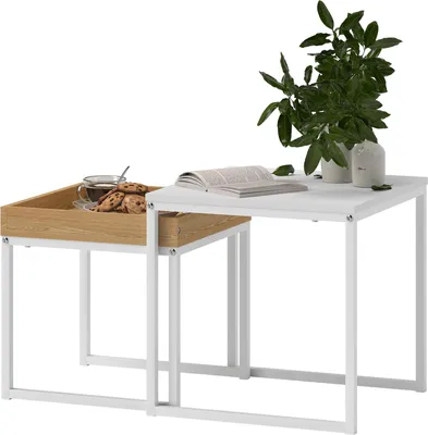 Obrázek produktu pro Set 2 ks konferenčních stolků, čtvercové odkládací stolky, konferenční stolek s ocelovou kostrou, rozkládací stolek v moderním designu, do obývacího pokoje, nosnost do 30 kg, bílá + dub