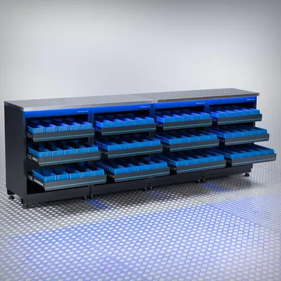 Produktbild von Werkbank PREMIUM Edelstahl-Arbeitsplatte mit Aufbewahrungsboxen – 272 cm