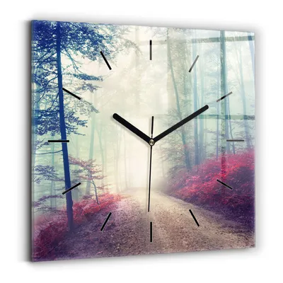 Produktbild von Wallfluent Wanduhr – Stilles Quarzuhrwerk - Uhr Dekoration Wohnzimmer Schlafzimmer Küche - Zifferblatt mit Striche - schwarze Zeiger - 30x30 cm - Herbststraße Waldnebel