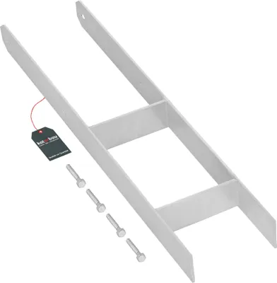 A metal H-shaped post anchor with four bolts and a tag attached to it, all on a white background.