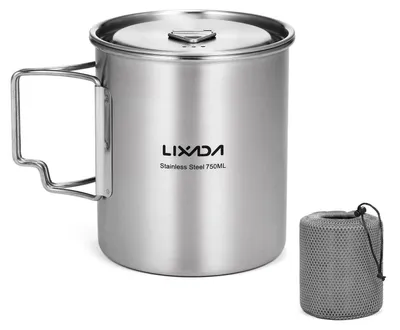Produktbild von Camping Topf Edelstahl Becher 750ml mit faltbaren Griffen und Deckel, silber