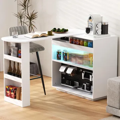 Immagine prodotto di Tavolo da bar moderno, allungabile, rotazione a 360°, bianco. Credenza con spazio contenitivo, illuminazione LED, pannello forato, prese elettriche. Tavolo da banco, tavolo da cucina, tavolo da pranzo, realizzato in MDF