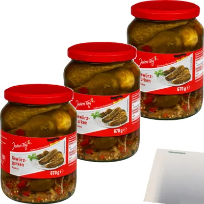 Produktbild von Jeden Tag Gewürzgurken Auslese 3er Pack (670ml Glas) + usy Block