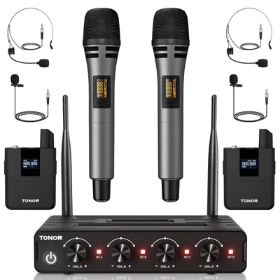 Obrázok produktu pre Bezdrôtová mikrofónová súprava UHF – 4x5 frekvencií – dosah 60 metrov – čierna – vhodná na karaoke a prezentácie