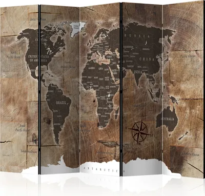 Produktbild von 5-teiliger Doppelseitiger Vlies Paravent - Map on the wood 225x172 cm Karten k-C-0050-z-c