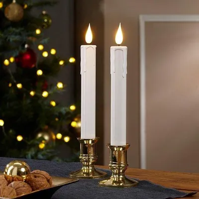 Productafbeelding van Set van 3 Elektrische LED Staafkaarsen met Timer - Flikkerende Vlam en Gouden Standaard - Warmwit Licht