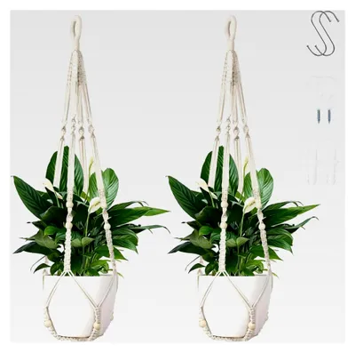 Produktbild von 2er Set Makramee Blumenampel – Hängeampel aus Baumwolle 89 cm mit Haken, Hängender Blumentopf für Innen, Fenster & Balkon, Boho Pflanzenhalter, Weiß (Ohne Topf & Pflanze)