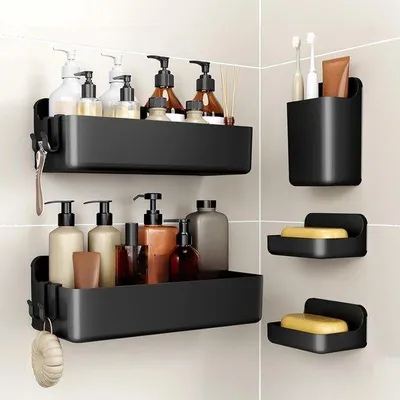 Produktbild von Famanu Duschcaddy Set 5-teilig - Bohrfreie Duschregale aus ABS, schnelltrocknend, schwarz